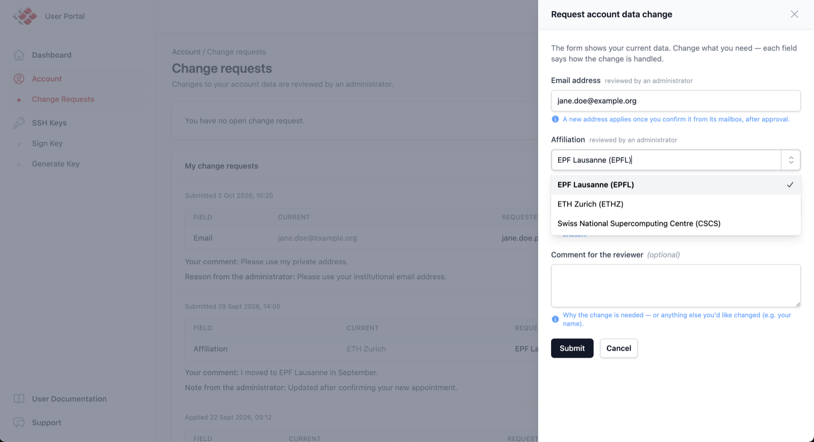 The change request form