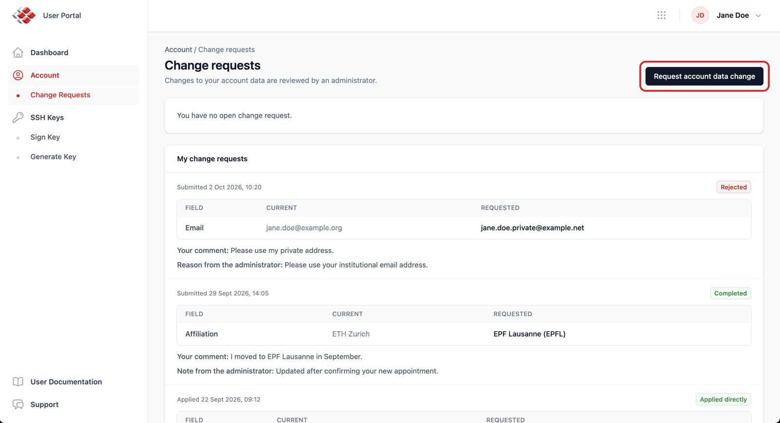 The Change Requests page with the Request account data change button highlighted