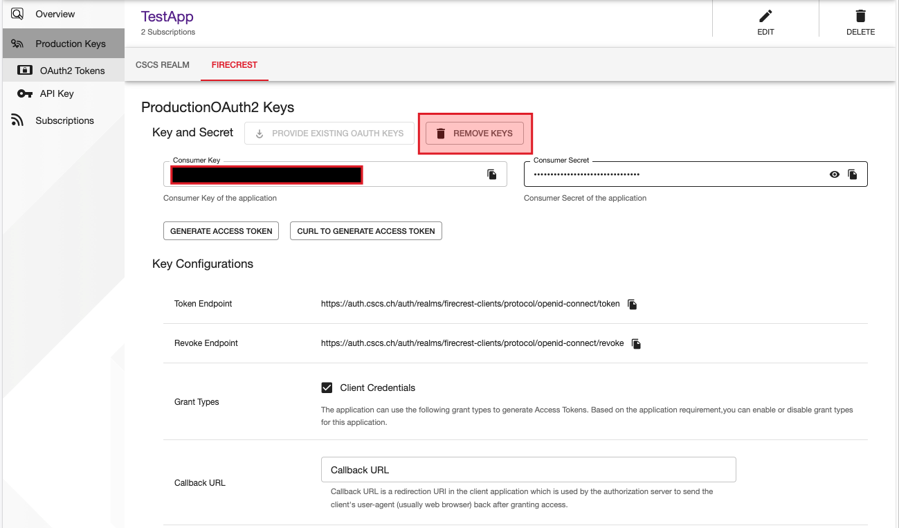 Devportal reset keys